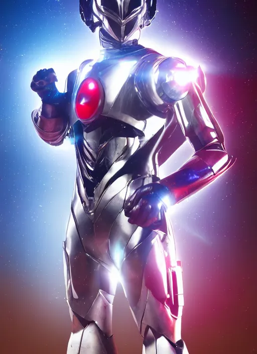 Prompt: kaos superheroes space sheriff gavan, tokusatsu, figzero ultraman suit, posing in neo - tokyo futuristic, glowing light, chrome, cinematic post process, ultra realistic, hyper detailed, octane render, photograph, bokeh