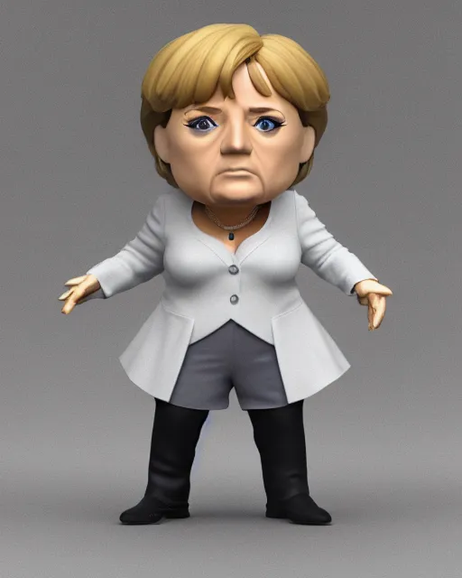 Image similar to full body 3d render of angela merkel as a funko pop, studio lighting, white background, blender, trending on artstation, 8k, highly detailed