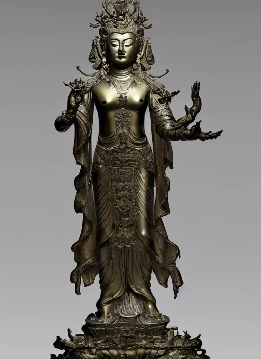 Image similar to a art deco sculpture statue of full body guanyin, intricate complexity,, statue by jane hamilton, ruan jia, character concept, radiant light,, frostbite 3 engine, cryengine, dof, trending on artstation, digital art, fantasy detailed abackground