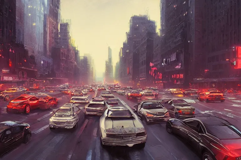 Prompt: beautiful matte painting traffic jam on the streets of neo new york in evening by greg rutkowski, 4 k, extreme details