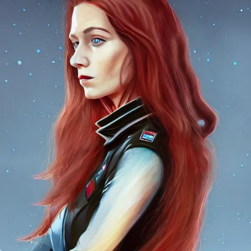 Prompt: highly detailed painting, side view, lonely awkward brilliant female vampire women with long hair, in flight suit, soviet, science fiction, artstation, digital illustration -