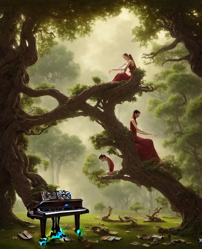 Image similar to woman playing a piano sitting on a giant tree, very detailed, 8k, maximized, ornate, masterpiece, complex, by Greg rutkowski, Alex Gray, surrounded by smoke