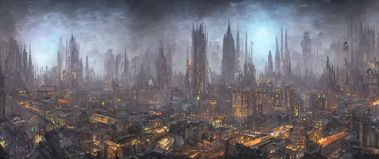 Image similar to digital concept art of dystopian, gothic berlin, high quality, high detail, in the style of Ralph McQuarrie, megacity surrounded by huge impenetrable walls, large hero buildings in the middle towering above the others, tram stations, metro, vivid colours, matte painting, photoshop