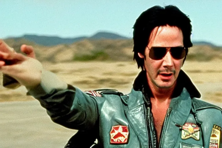 Prompt: film still of Keanu Reeves as Maverick in Top Gun 1986