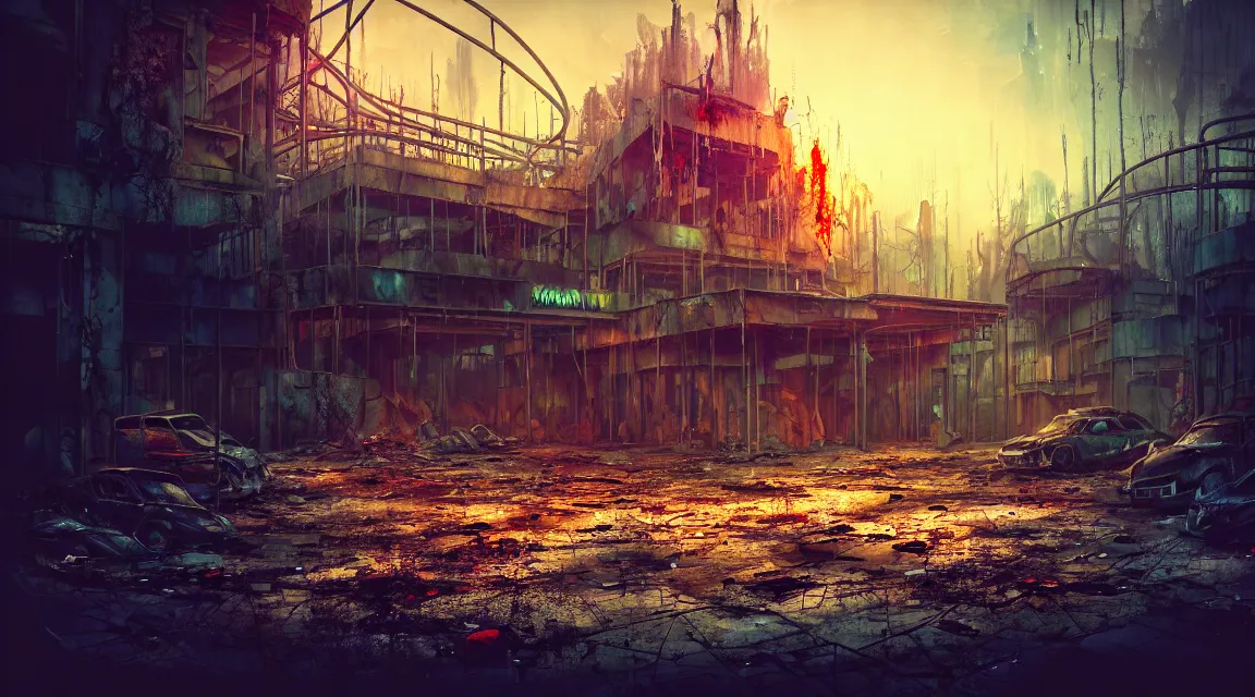 Image similar to post apocalyptic theme park, daylight, building, avenue, vivid, by pascal blanche, neil blevins, apocalyptic color palette, trending on artstation, photorealistic, wilderness ambiance, ultra detailed, high definition, depth of field, bokeh, rubble, nature overgrowth, blood stains, building crumbling