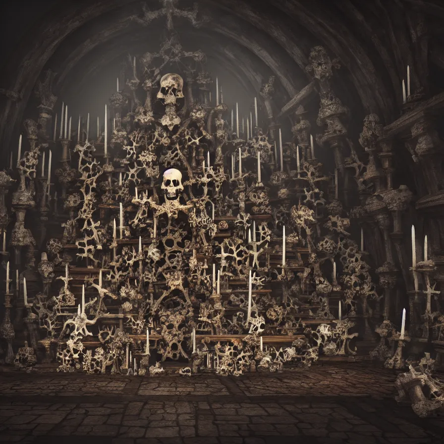 Image similar to full color, low ultrawide interior shot of sedlec ossuary, bones, anime style mixed with fujifilm, dark, foggy, atmospheric, artstation, cgsociety, octane render, cgi, denoise, detailed, cinematic masterpiece