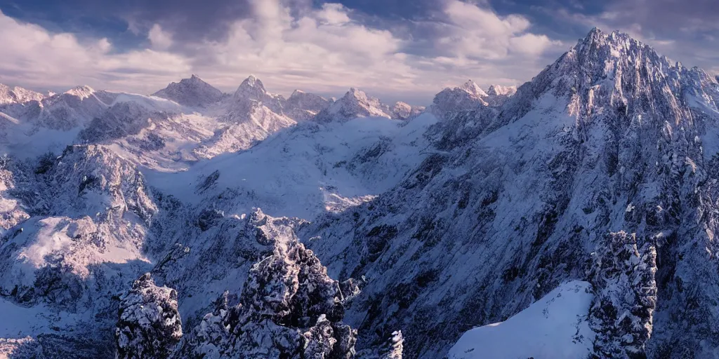 Prompt: Endless snowy mountain range, Marcin Rubinkowski, Lorenzo Lanfranconi, trending on Artstation, ultra wide angle