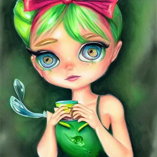 Image similar to chibi Tinkerbell in short green dress with tattered hem, thick heavy eye makeup, bare feet, hungover, coffee cup, lifelike detailed oil painting by Jasmine Becket