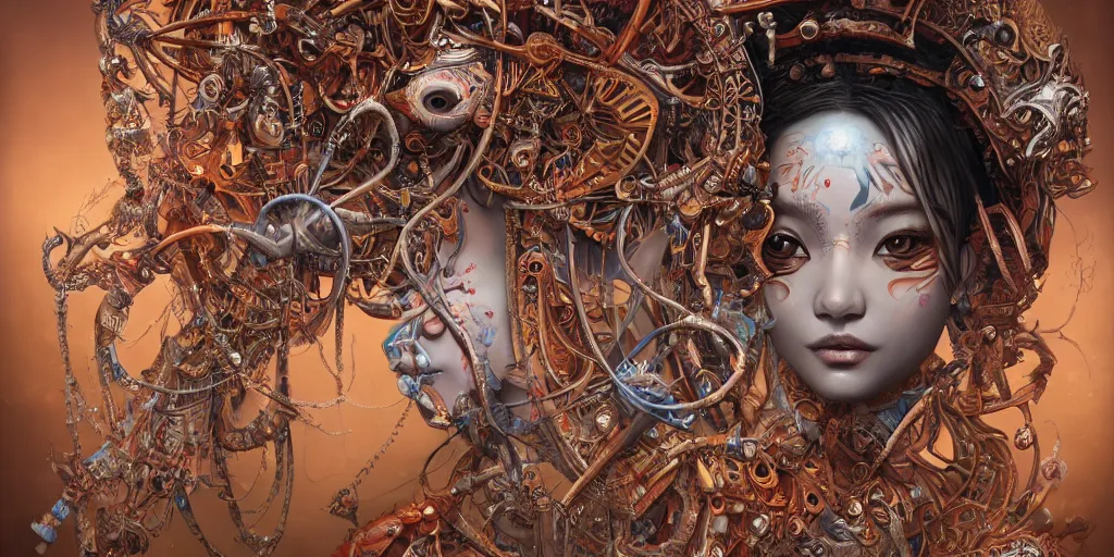 Image similar to hyperrealistic photography of a highly detailed and symmetrical gorgeous nepalese female demigorgon deconstructing a poetry machine in the style of Jin Kagetsu, James Jean and wlop, highly detailed, face symmetry, masterpiece, award-winning, sharp focus, intricate concept art, ambient lighting, 8k, artstation