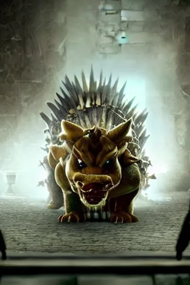 Image similar to very very intricate photorealistic photo of bowser in an episode of game of thrones, photo is in focus with detailed atmospheric lighting, award - winning details