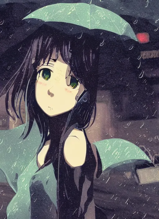 Image similar to listening to music at 2 am, night, pretty girl, pose, rain, lofi, lofi, peaceful, street light, anime key visual, poster, street wears, anime, by ghibli, ghibli studio high quality, 4 k, trending, trending on artstation