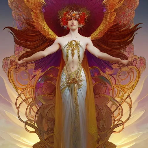 Image similar to a beautiful orchid phoenix angel woman, in an ornamented dress with large wings, volumetric light, god rays, 8 k high resolution, rubies, by alphonse mucha, artgerm, greg rutkowski