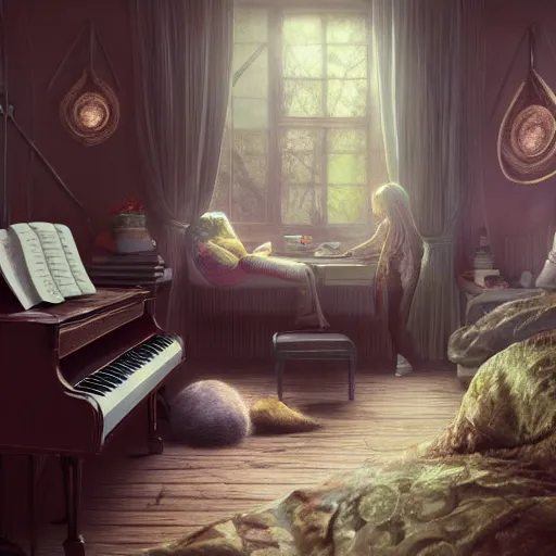 Prompt: an intricate concept art illustration of an undergrowth cozy bedroom, computer wires, digital art, photorealistic movie still, tori amos sits at a piano, style ivan talavera and artgerm, hyper realistic, photorealistic, octane render, trending on artstation, cgsociety, cinematic lighting, 8 k