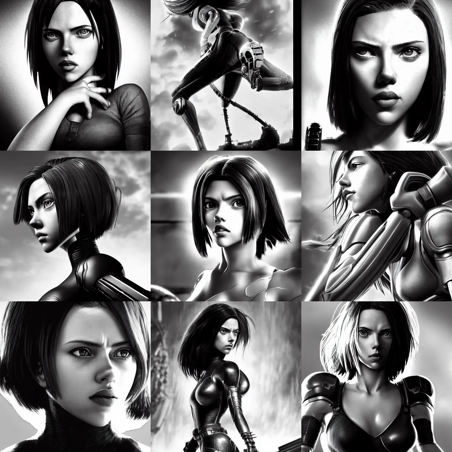 Prompt: scarlett johansson, incredibly fine detailed, battle angel alita, black and white, dynamic angle, pencil and ink manga, elegant, full body profile, highly detailed, dramatic lighting, depths of field effect, vfx, 3 d octane render