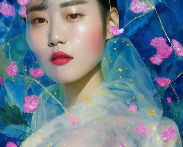 Prompt: lee jin - eun in elegant chic holographic dress emerging from gold gold by martine johanna, michael garmash and katsuhiro otomo, rule of thirds, seductive look, beautiful, cotton candy clouds, puyallup berteronian, himalayan poppy flowers, sea holly flowers, gorgeous, face anatomy, refined, masterpiece