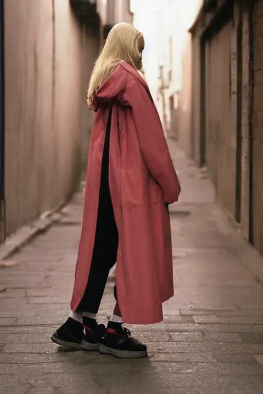 Image similar to high quality realistic street photo of girl, blond hair, clothes in the style of 1 9 9 0, sneakers, lowered socks, loose coat ; kodak ektar, 2 0 0 iso, 3 5 mm lens, bill henson style beautiful chiaroscuro lighting, beautiful colour palette, beautiful and realistic, wide shot