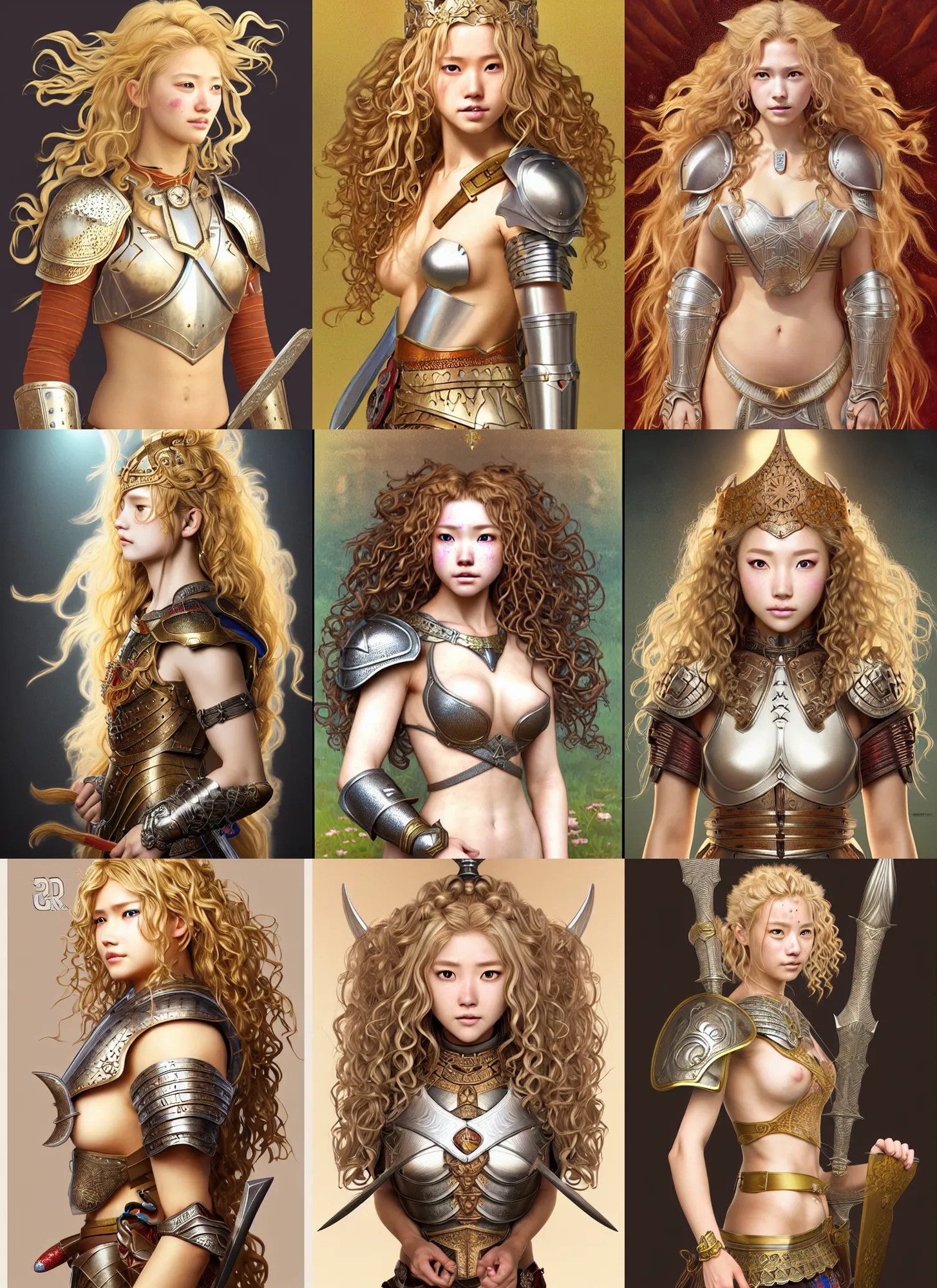 Prompt: complex 3 d hyper realistic smooth ultra sharp render of a gorgeous princess warrior paladin woman | sunkissed tan skin, curly dirty blonde hair, freckles, luminescent eyes | d & d, medieval, fantasy | art by oh jinwook + 吵 集 仁 儿 on artstaion + takeshi obata + alphonse mucha