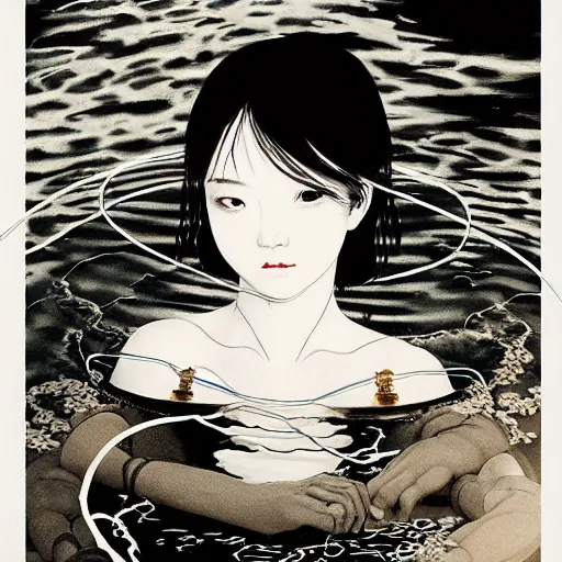 Image similar to prompt: Balck and white Fragile looking vessel portrait face drawn by Katsuhiro Otomo, beautiful girl in lake with shining face super detailed, nymph in the water performing alchemy, small flowers and cables and wire around and on the side with artifacts and ancient book, intricate oil painting, soft light, white background, intricate detail, intricate oil painting detail, sharp high detail, manga and anime 2000