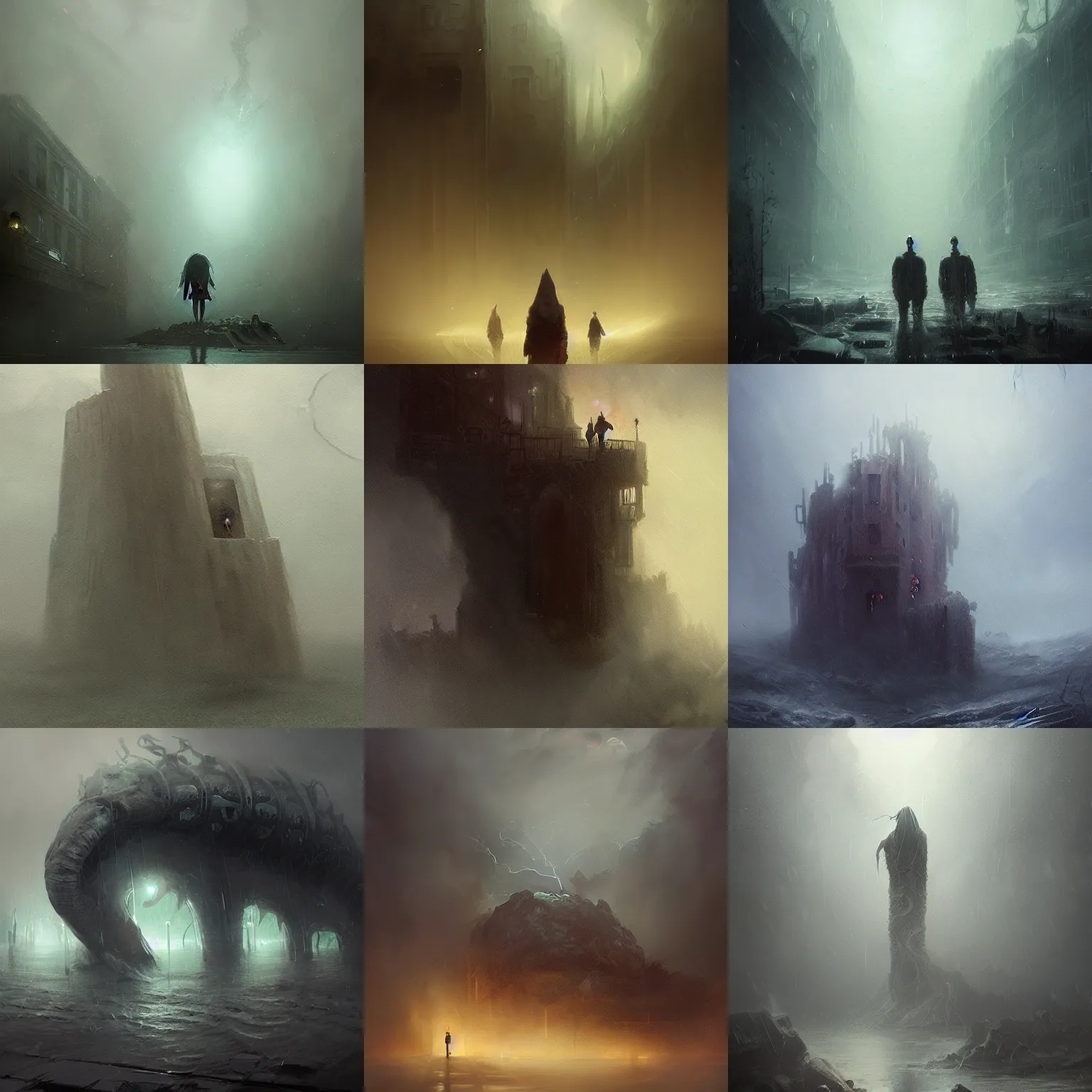 Prompt: lovecraftian horrors, beyond our imagination, thunderstorm, fog, by greg rutkowski, chris tulloch mccabe, valentina remenar and asher duran, digital art, concept art, trending on artstation