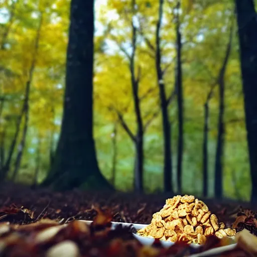 Image similar to a distant photo of a bowl of cereal on a forest floor in autumn while a shadowy man hides behind a tree