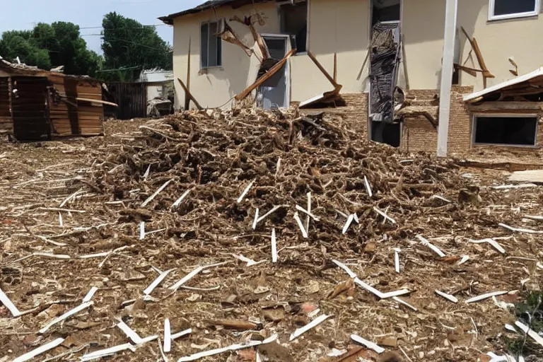 Prompt: 4 meter tall ant army destroying houses small town, shaky amateur photos by witnesses