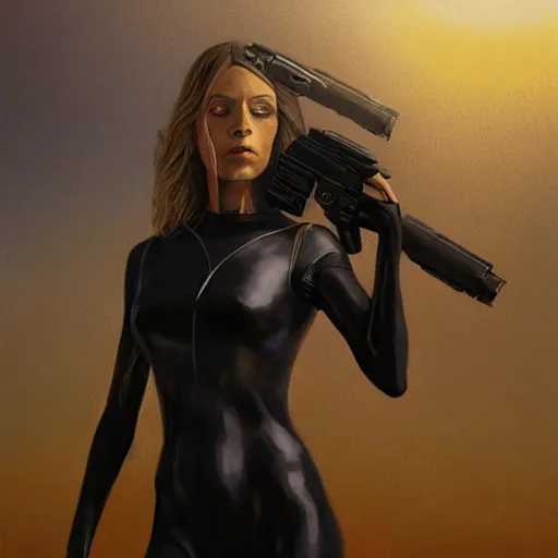 Image similar to pleiadian woman with big eyes and long silver hair wearing a dark body suit and holding a plasma gun standing in barren fields, sci fi portrait art by greg rutkowski