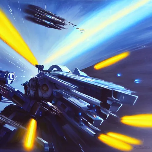 Image similar to Highly detailed oil painting, of a giant mech launching missiles and firing lasers at a moving blue sports car, concept art, highly detailed.