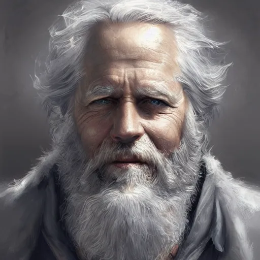 Image similar to Old man, blue eyes, bushy white beard, digital painting, lots of details, extremely detailed, 4k, intricate, brush strokes, Mark Arian, Artgerm, Bastien Lecouffe-Deharme