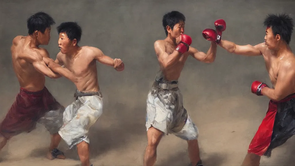 Image similar to asian person fighting a turkish person, cinematic, 4 k, oil painting