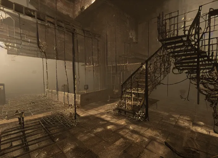 Prompt: wire, grate, iron, pipes, steam, plant, fans, stairs, rust horror darkness, destroyed, highs detailed, unreal engine