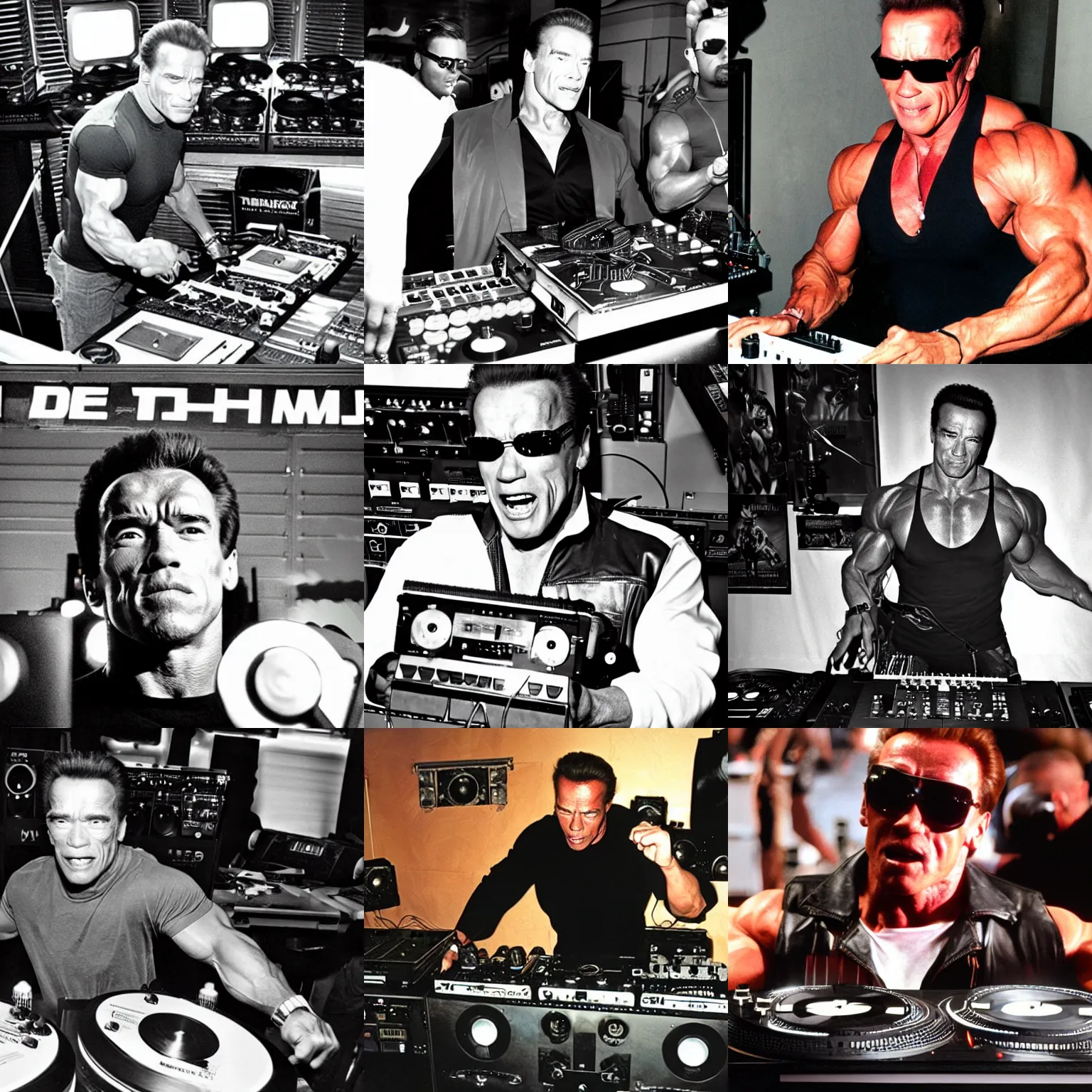 Prompt: arnold schwarzenegger terminator DJing with DJ turntables, photoreal