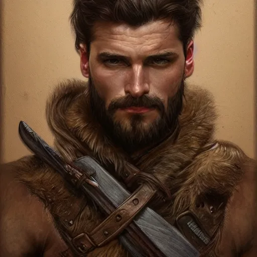 Image similar to portrait of a rugged ranger, 2 5 years old, handsome, muscular, upper body, leather, hairy torso, d & d, fantasy, intricate, elegant, highly detailed, digital painting, artstation, concept art, smooth, sharp focus, illustration, art by artgerm and greg rutkowski and alphonse mucha