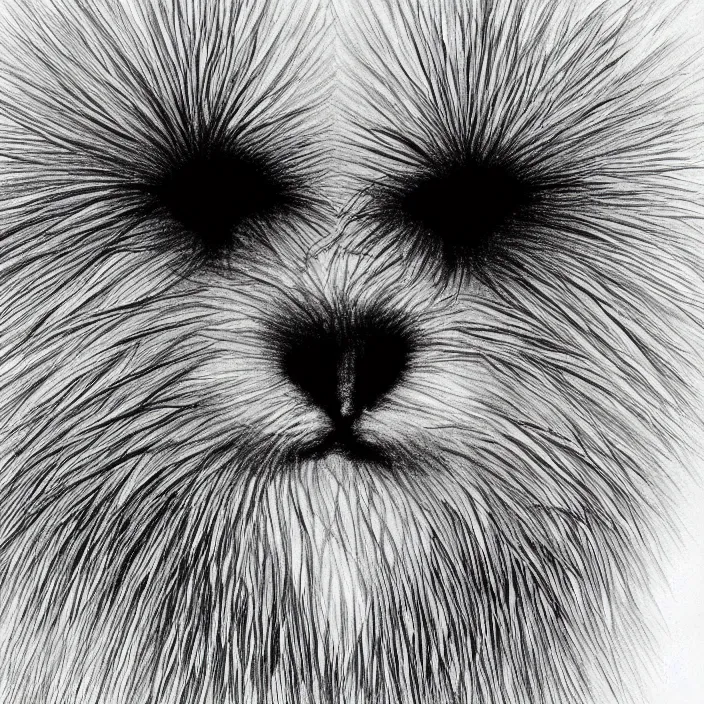 Image similar to a still frame from comic strip girl white fluffy hairy fur face, symmetrical, skin is made of white fluffy hairs, eyes made of snowflakes, close up 1 9 9 0, new yorker illustration, monochrome contrast bw, lineart, manga