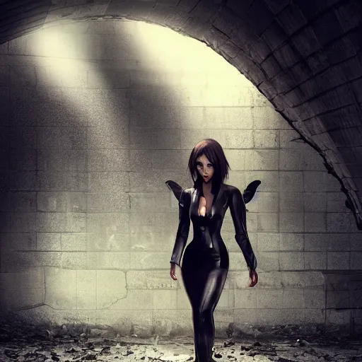 Image similar to a school boy and intimidating by a succubus in a leather suit leaning on a cracked brick wall, devil wings, long hallway, seductivelight at the end of the tunnel, volumetric lighting, concept art, detailed, dramatic lighting, by wlop, artgerm