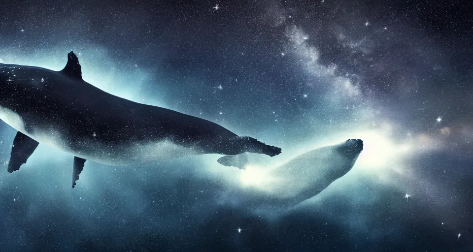 Image similar to high quality photo of big whale floating in dark beautiful space filled with stars, planets and galaxies, photorealism, 8k, extremely detailed