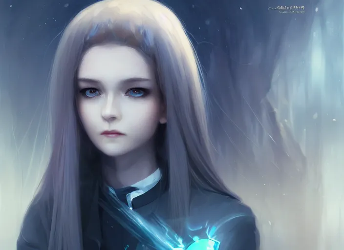 Prompt: a pale girl playing chess, with golden eyes, straight sky blue hair, long bangs, black jacket, high collar, concept art, award winning photography, digital painting, cinematic, by wlop, anime key visual, wlop, 8 k, by ross tran, chengwei pan, paul kwon,