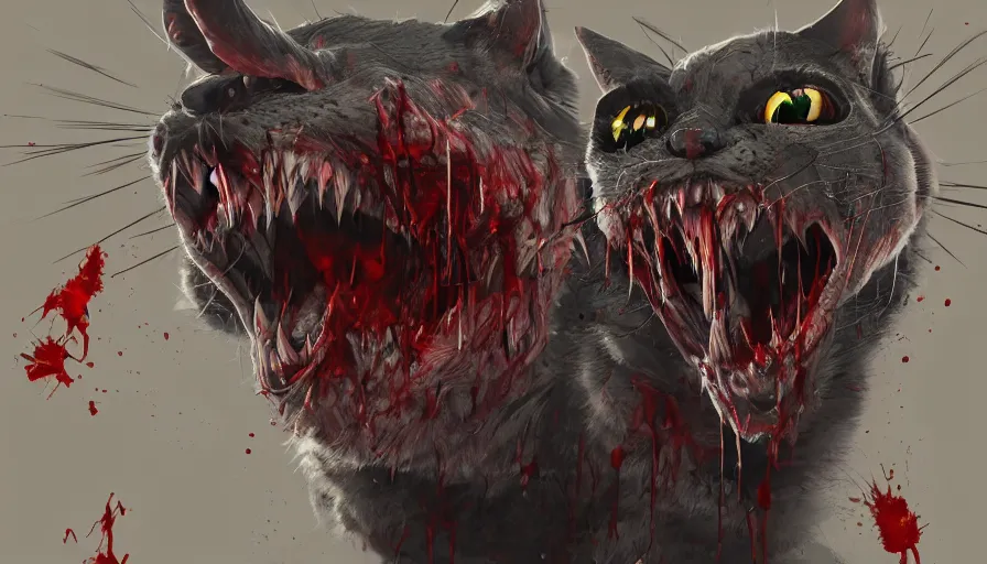 Image similar to zombie cat with sharp teeth, bloody eyes and nostrils, hyperdetailed, artstation, cgsociety, 8 k