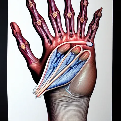 Prompt: medical reference, anatomical illustration of a hand : : anatomy study of hand : : hyperrealism, colored pencil illustration