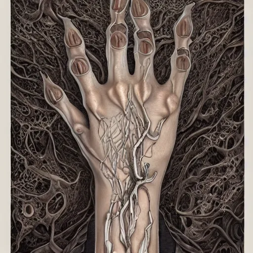 Prompt: hands, white background, translucent skin, scary, nightmare, ornate, melted, violent body parts, intricate detail, james jean, ash thorp, dystopian