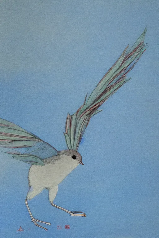 Prompt: A small, delicate bird with pale blue plumage and long, skinny legs. It is hopping on the ground, searching for food. The background is a beautiful blue sky on a autumn day. meticulous painting, by xue ji, bian luan