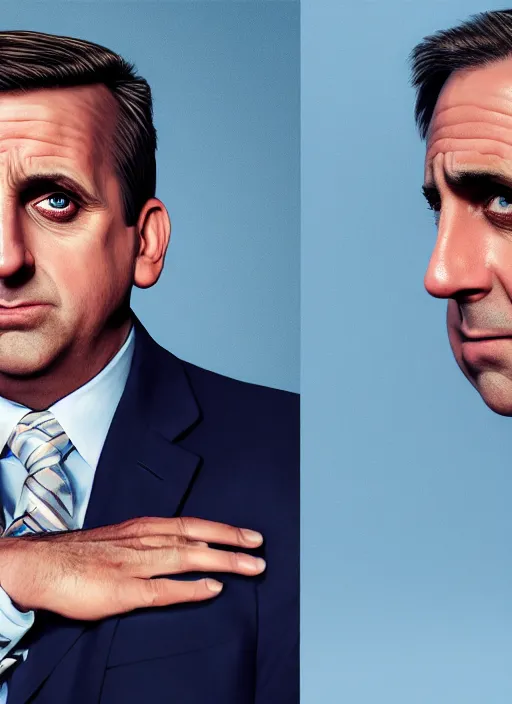 Prompt: ( ( ( hyperrealist portrait of steve carell as michael scott ) ) ) by mike campau, head and torso, photorealistic, octane render, vibrant colors, unreal engine, dynamic lighting, perfect factions, very detailed faces, intricate detail, trending on artstation, poster, volumetric lighting, 4 k, award winning