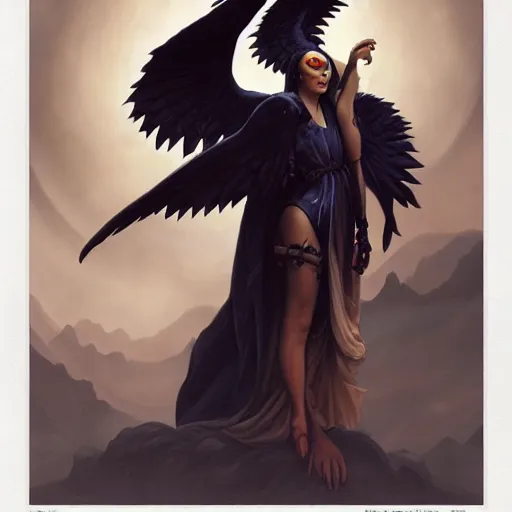 Prompt: character portrait of a modest robed dark raven angel with iridescent black raven wings, by Peter Mohrbacher, Mark Brooks, Jim Burns, Marina Abramović, Greg Rutkowski, trending on Artstation