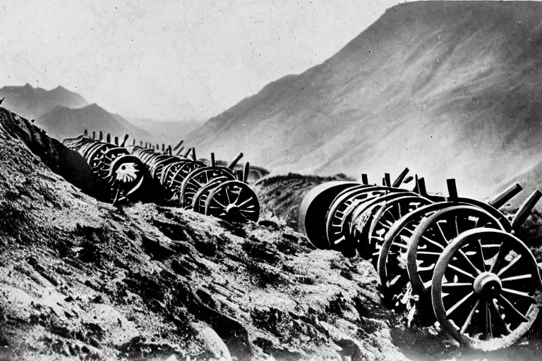 Prompt: 1 5 5 mm artillery in trenches with a beautiful background of hills and mountains, black and white photography, 1 9 2 5