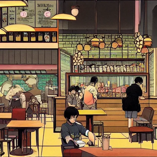 Image similar to a singaporean coffeeshop, by satoshi kon