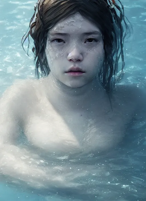 Image similar to A fancy portrait of an injured girl submerged in water by Greg Rutkowski, Sung Choi, Mitchell Mohrhauser, Maciej Kuciara, Johnson Ting, Maxim Verehin, Peter Konig, Bloodborne, 8k photorealistic, cinematic lighting, HD, high details, dramatic, atmospheric , trending on artstation