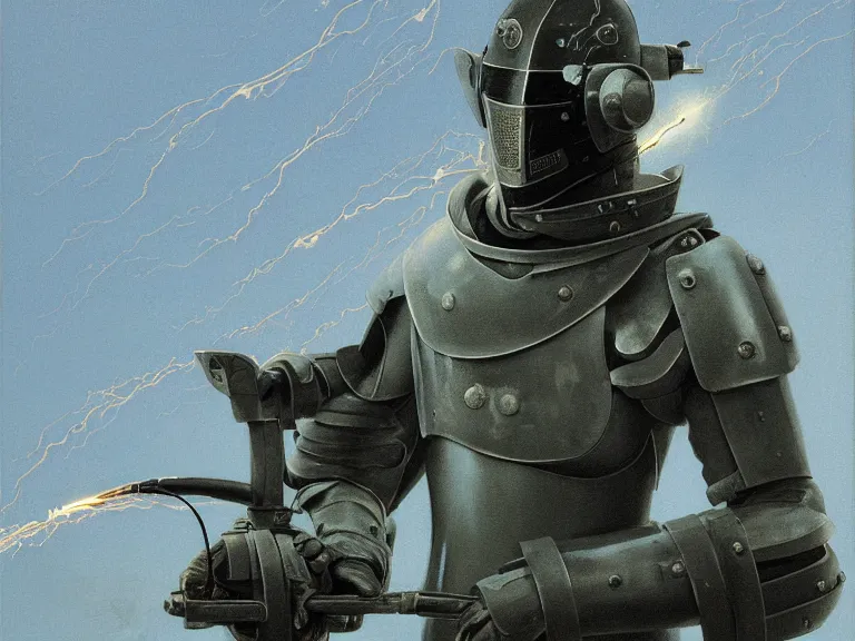 Image similar to a detailed profile painting of a bounty hunter in polished armour and visor. Fencing mask and sparks. cinematic sci-fi poster. Cloth and metal. Welding, fire, flames, samurai Flight suit, accurate anatomy portrait symmetrical and science fiction theme with lightning, aurora lighting clouds and stars. Clean and minimal design by beksinski carl spitzweg giger and tuomas korpi. baroque elements. baroque element. intricate artwork by caravaggio. Oil painting. Trending on artstation. 8k