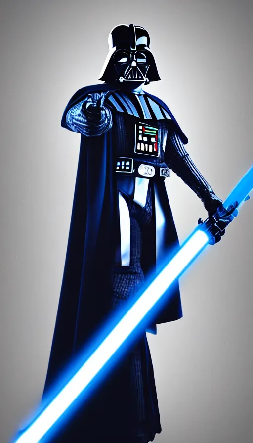 Prompt: A blue colored Darth Vader suit holding a blue lightsaber, 4k, dark background, 3d, full body image,