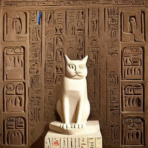 Prompt: beautiful egyptian carved statue of a cat sitting inside of a temple with hieroglyphics on the walls