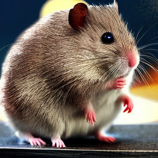 Prompt: Hamster with armor ultra 4k photorealistic high detail metallic