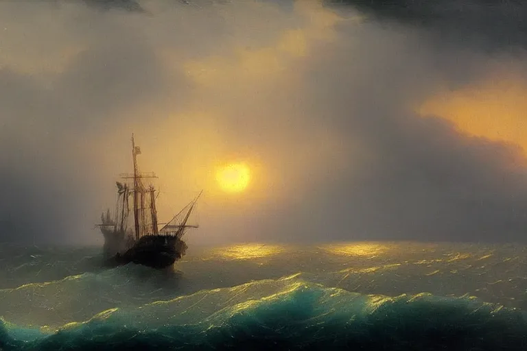 Image similar to Ghost ship in the stormy sea, sunset, by Aivazovsky, trending on artstation, bright sunny day, 8k, sharp high quality,